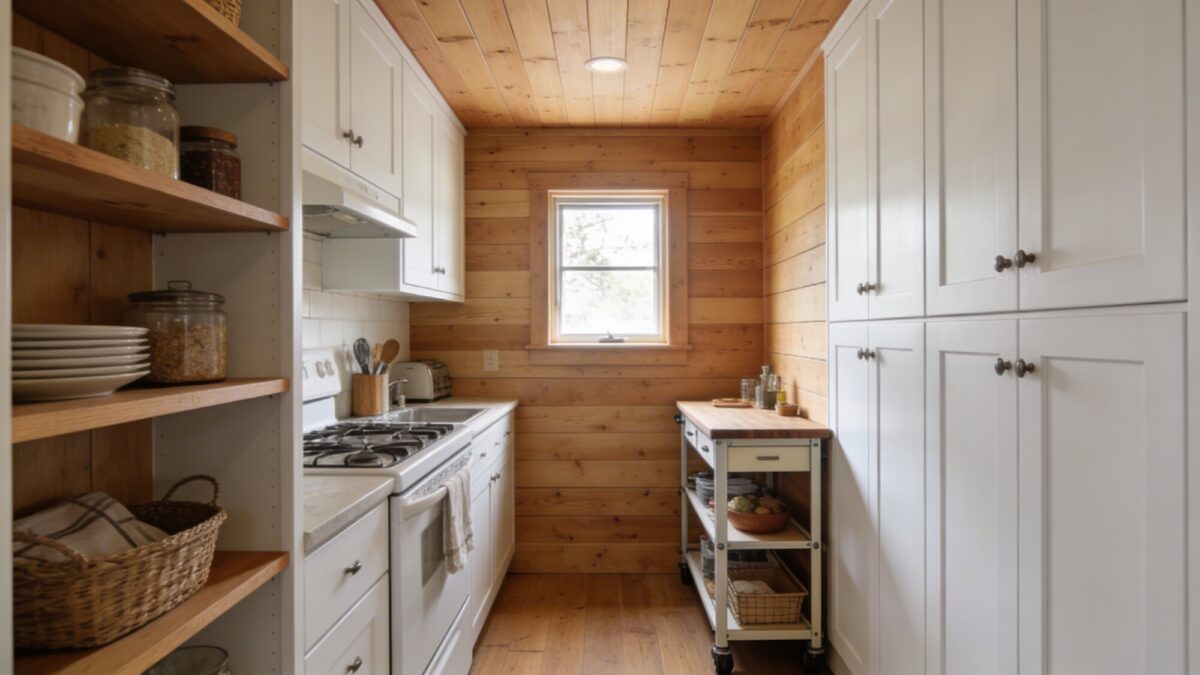 A compact farmhouse kitchen layout in a narrow galley form, showing open shelving on one side with mixed closed cabinets on the opposite wall, warm wood tones, white cabinetry, and a small movable cart island stationed near the prep area, natural light streaming through a small window.