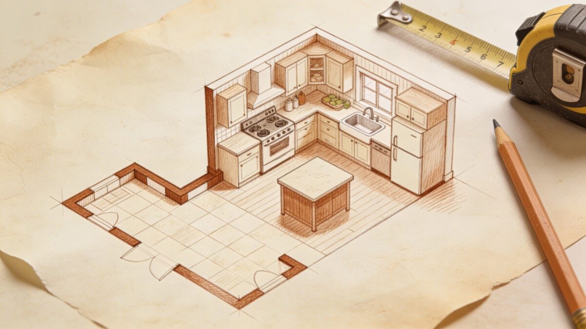 A floor plan sketch of a tiny farmhouse kitchen on parchment paper, featuring an L-shaped layout, clearly labeled zones for range, sink, prep space, and a compact island, with a tape measure and pencil for scale.