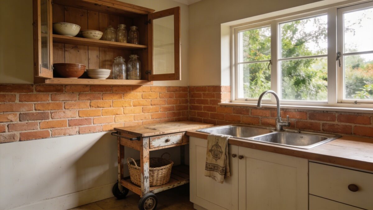 A cozy farmhouse kitchen corner with open shelving displaying bowls and jars, a stainless steel sink under a window, warm brick backsplash, and a small rolling cart doubling as extra prep space, styled with rustic accents.
