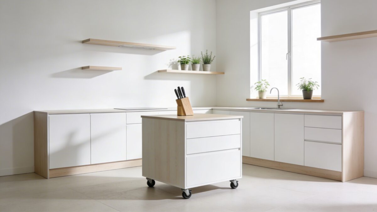 A bright, airy tiny kitchen with a compact island on casters in the center, surrounded by shallow base cabinets and wall-mounted shelves, knife block, and a few potted herbs, emphasizing space efficiency.