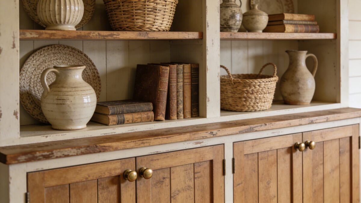 Close-up shot of a mixed-storage design: one section of upper open shelves paired with lower closed cabinets, showcasing a balance of display Items and daily use essentials in a farmhouse aesthetic.