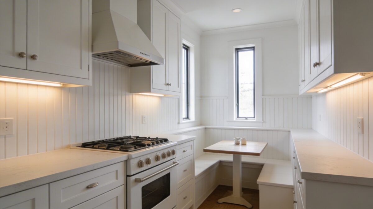 A practical all-white farmhouse kitchen with a slim, space-saving range hood, narrow windows, beadboard detailing, and a small corner nook for a compact dining area, with under-cabinet lighting for task work.