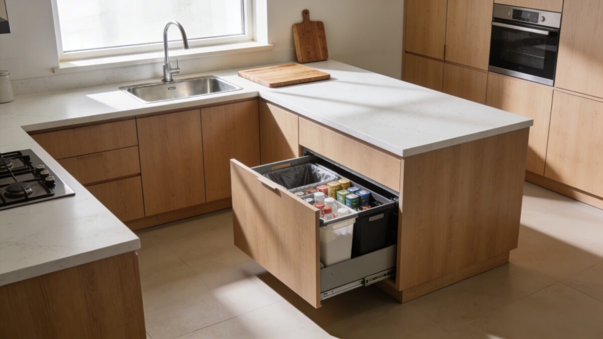 A wrist-level perspective of prep zones in an L-shaped layout: a sink under window, nearby prep space with a cutting board, and a compact island with a pull-out trash/recycle drawer, showing efficient circulation lines.