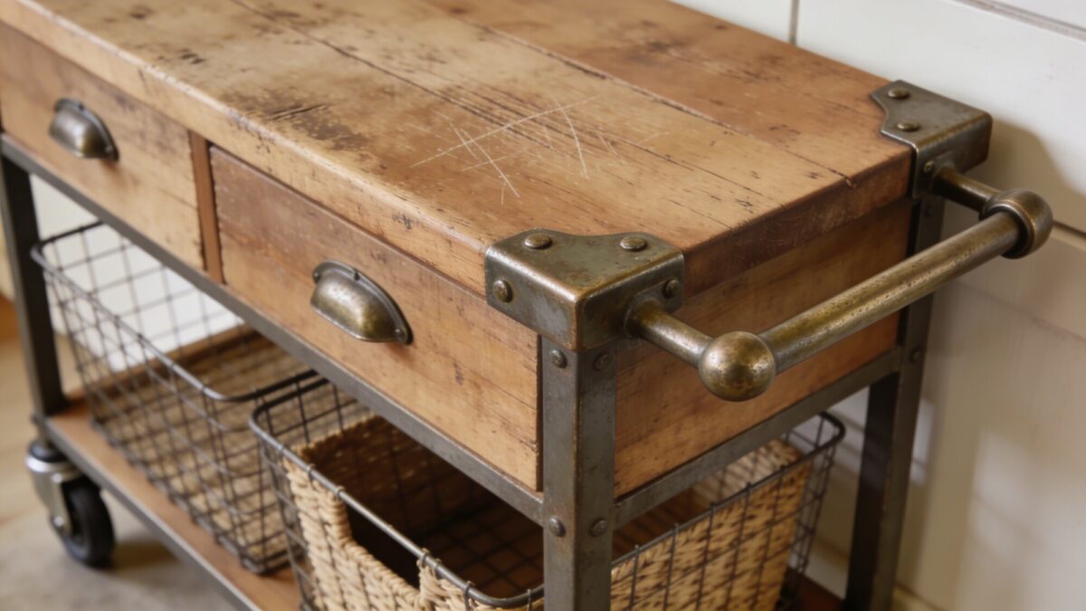 A worn wood countertop detail on a tiny farmhouse kitchen island, matched with softened metal hardware, open wire basket storage underneath, and a rolling cart push handle, illustrating clever shortcuts for additional space.