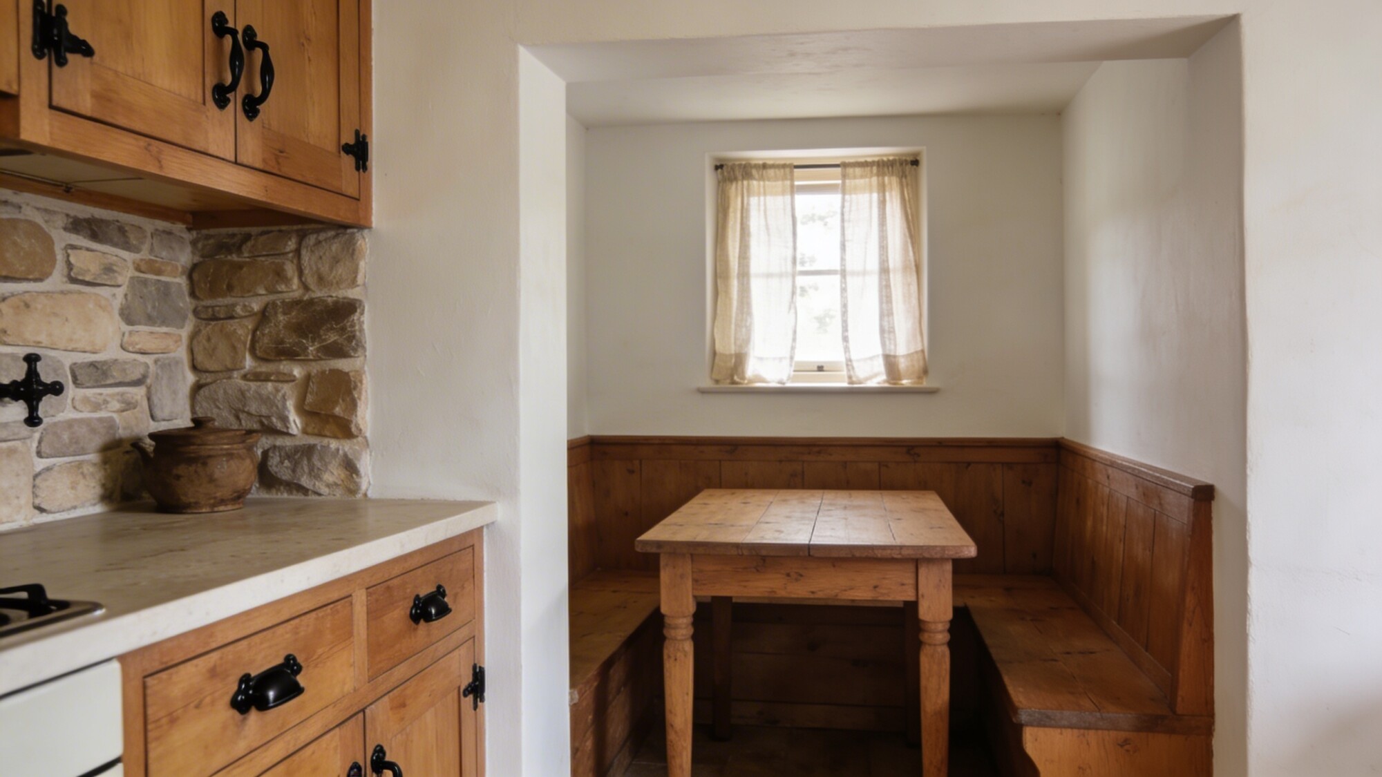 A compact farmhouse kitchen with creamy white walls, warm wood cabinetry, black metal hardware, and a small window with sheer linen curtains; a wooden dining nook tucked into a corner and a stone backsplash adding texture.