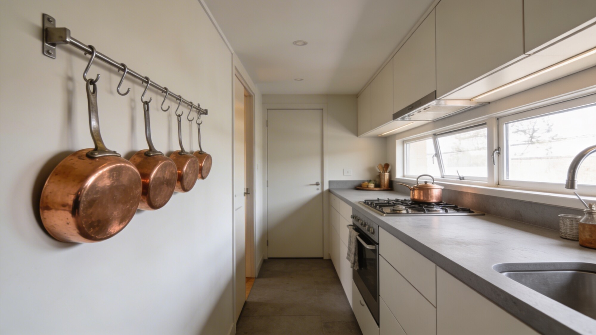 A layout-focused shot: a narrow galley kitchen with efficient triangular workflow, pale walls, soft gray counters, and metal wall hooks displaying copper pans, emphasizing smart spacing in a tiny footprint.
