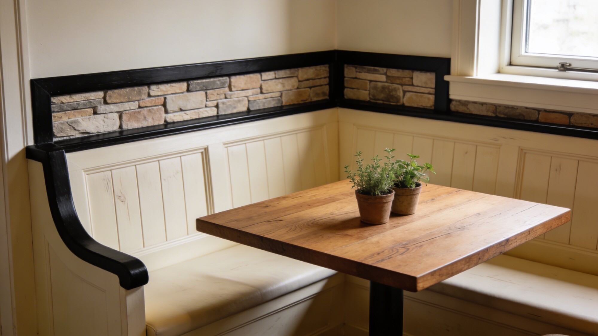 A cozy corner with a cream-painted built-in banquette, a wood table, small potted herbs, and a window to natural light; warm wood tones, stone or brick backsplash, and black frame accents.