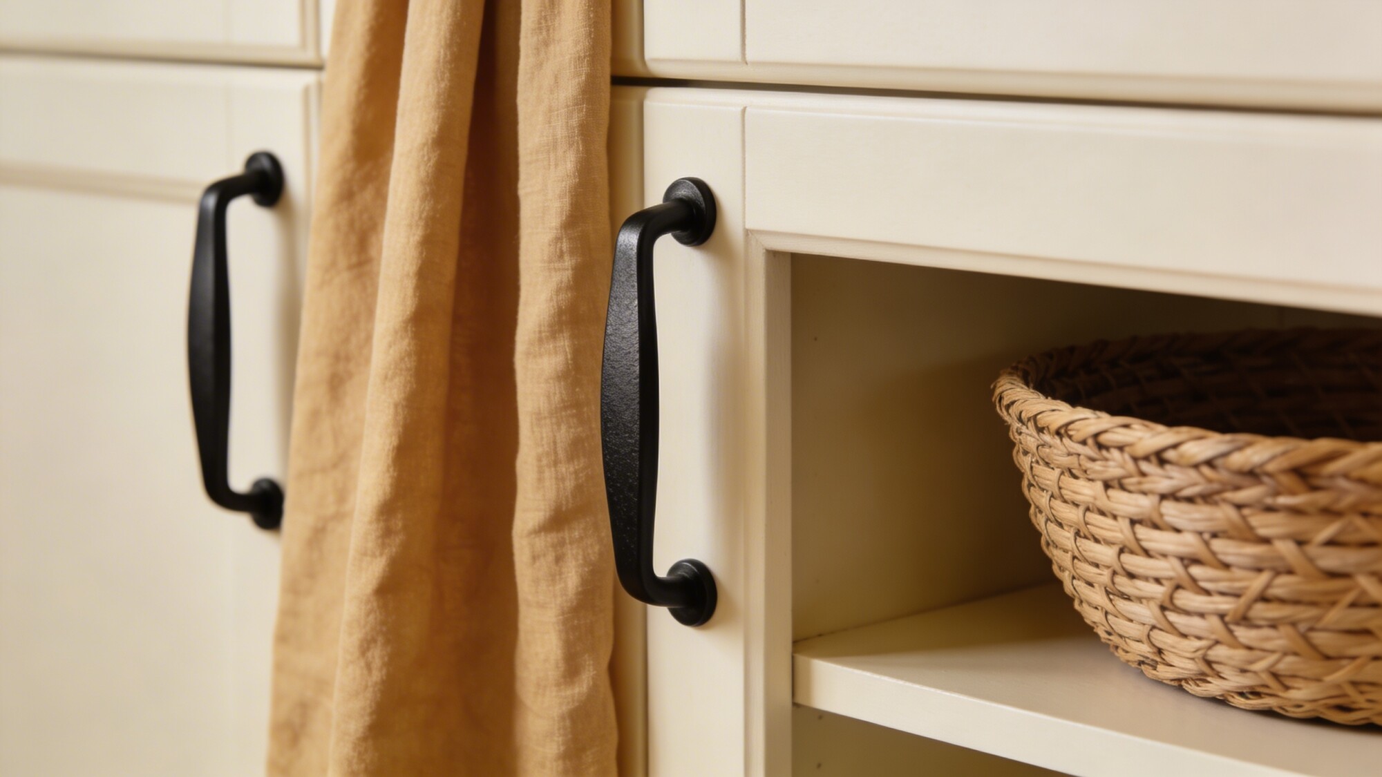 A detailed view of cabinet hardware and textiles: close-up of brushed black cabinet handles, a fabric curtain in a warm neutral, and a woven wicker basket on open shelf against creamy cabinetry.