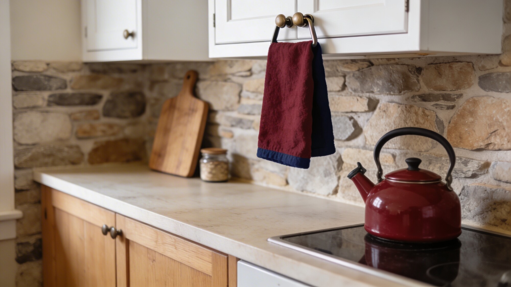 A tiny farmhouse kitchen with mixed materials: stone backsplash, light oak lower cabinets, white uppers, and a single bold accent color in a tea towel and kettle; uncluttered countertop with essential items only.