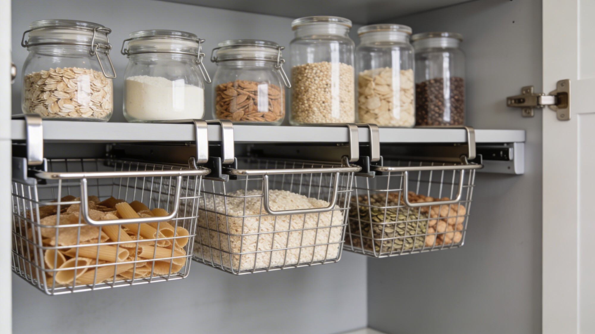 An organized pantry nook within the small kitchen: pull-out wire baskets, glass canisters with dry goods, a small chalkboard label, and a soft gray wall that keeps the space airy.