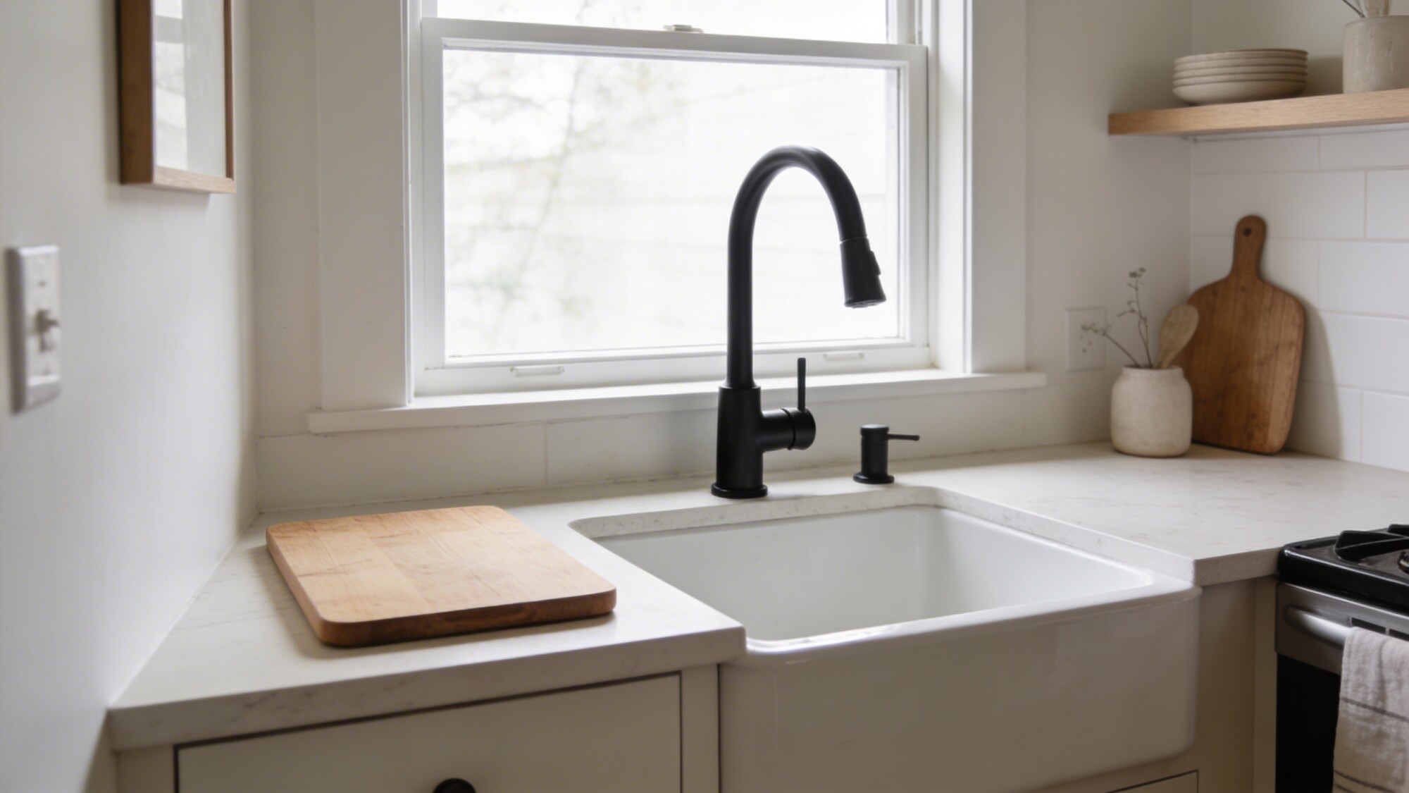 A daylight-filled kitchen scene featuring a farmhouse sink, black faucet, a simple wood cutting board on the counter, minimal decor, and clean lines to convey a calm, practical vibe in a tiny space.