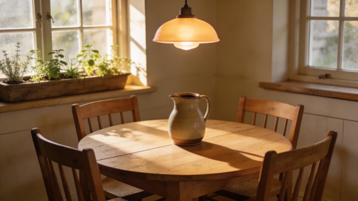 A cozy farmhouse kitchen corner featuring a small round wooden table with a natural pine finish, four matching chairs, warm pendant lighting, a ceramic coffee carafe, and sunlit windows with a view of a herb-filled windowsill, no text.