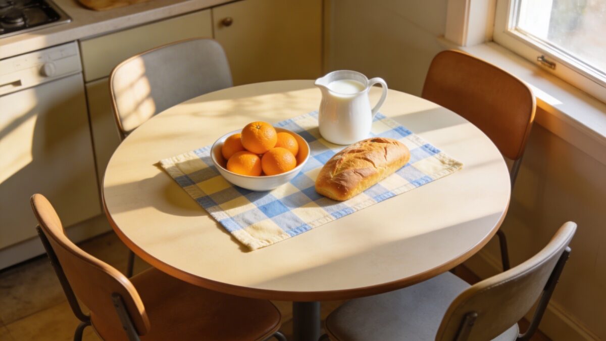 A top-down composition of a 36-42 inch diameter round table in a compact kitchen, surrounded by four chairs, with a bowl of fresh oranges, a loaf of crusty bread, and a pitcher of milk on a checkered table runner; soft morning light.