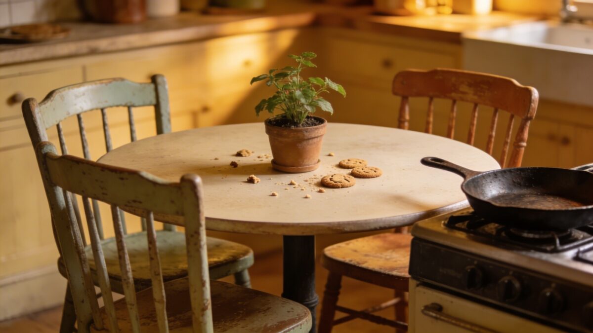 Intimate kitchen scene focusing on the round table set for two, with mismatched vintage chairs, a small potted plant centerpiece, a scattering of cookie crumbs, and a cast-iron skillet resting on a nearby stove, warm ambient glow.