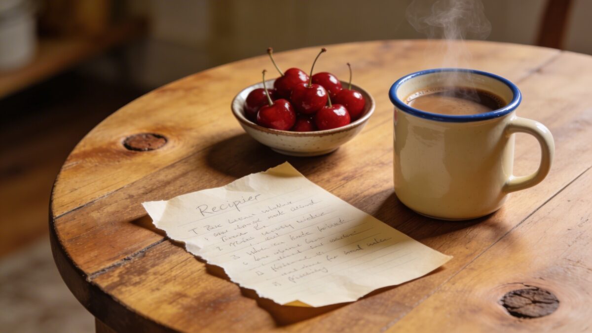 Close-up of a round wooden table surface showing visible wood grain and natural knots, with a handwritten recipe card, a mug of coffee, and a small bowl of cherries, in a softly lit farmhouse kitchen.
