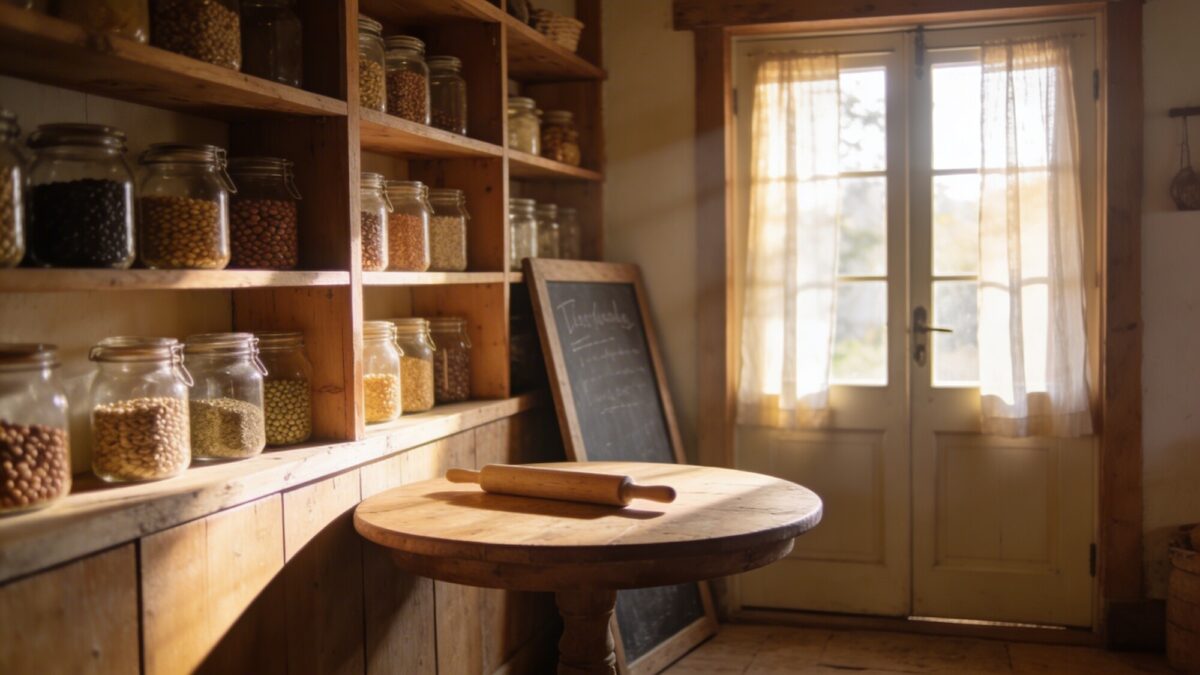 Wide shot of a farmhouse kitchen featuring a round table tucked against a wall of open shelving, jars of legumes, a rolling pin, and a chalkboard with a family menu, morning light streaming through a French door.