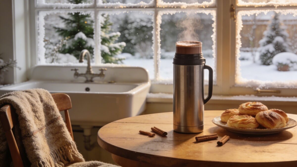 Seasonal cozy scene: round table with a wool blanket draped over a chair, a thermos of hot cocoa, cinnamon sticks, and fresh pastries, in front of a farmhouse sink and window with a view of a snowy garden.