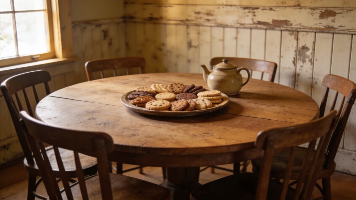 Kitchen nook focused on the social aspect: round table set with a shared platter of cookies, a teapot, and multiple chairs arranged to foster conversation, with a rustic beadboard backdrop and warm daylight.