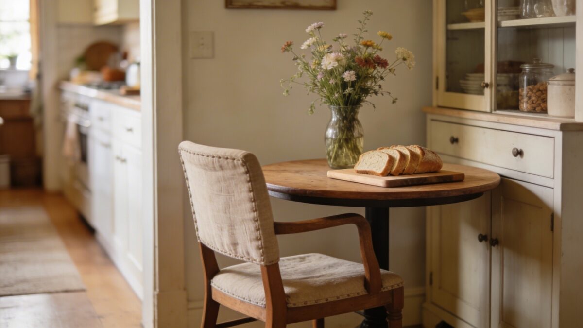Small apartment-friendly farmhouse kitchen: compact round table adjacent to a pantry, one chair slightly pulled out, a vase of wildflowers, a cutting board with sliced bread, and a soft-focus kitchen aisle in the background.