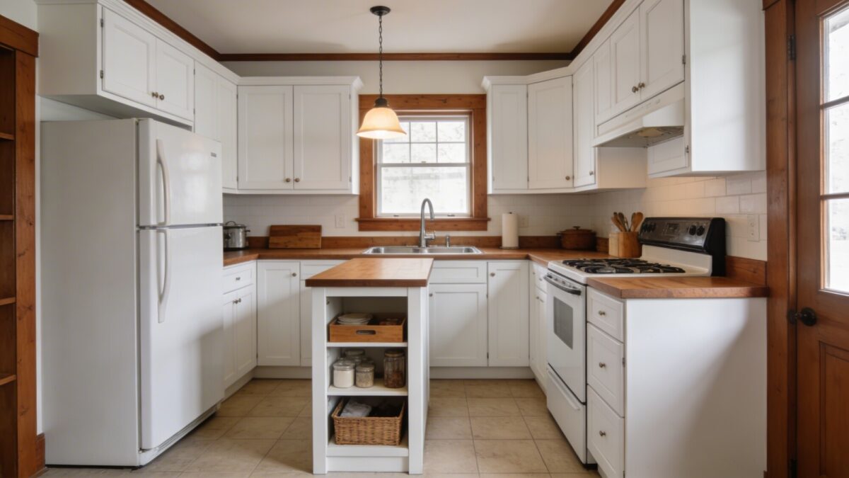 A compact farmhouse kitchen with an L-shaped layout, slim island with hidden storage, white shaker cabinets, warm wood accents, and a small pendant light over the island, precise perspective showing efficient workflow from fridge to sink to stove.