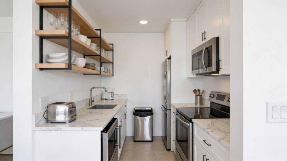 A tiny kitchen featuring a galley-style layout, wall-mounted open shelving above marble countertops, compact stainless steel appliances, a pull-out trash cabinet, and a bright, airy feel with natural light streaming in.