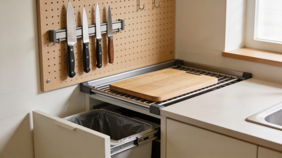 Close-up of a prep zone in a small kitchen: knife rack mounted on a pegboard wall, cutting board on a duty-rail, and a pull-out trash can integrated into the lower cabinet, labeled subtly in warm tones.