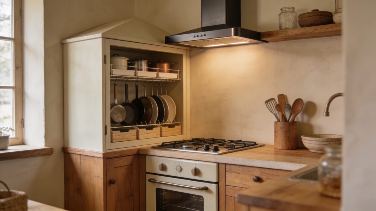 Cook zone vignette: compact range with a slim vent hood, a small oven below, and smart, space-saving cookware stored in a corner cabinet with organizers, rendered with soft farmhouse textures.