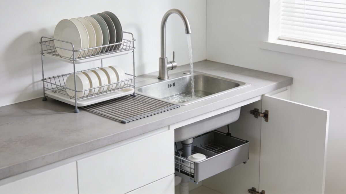 Cleanup zone scene: a compact sink with a water-saving faucet, a two-tier dish rack above the counter, and a slim under-sink organizer, highlighting easy cleaning flow in a tight space.