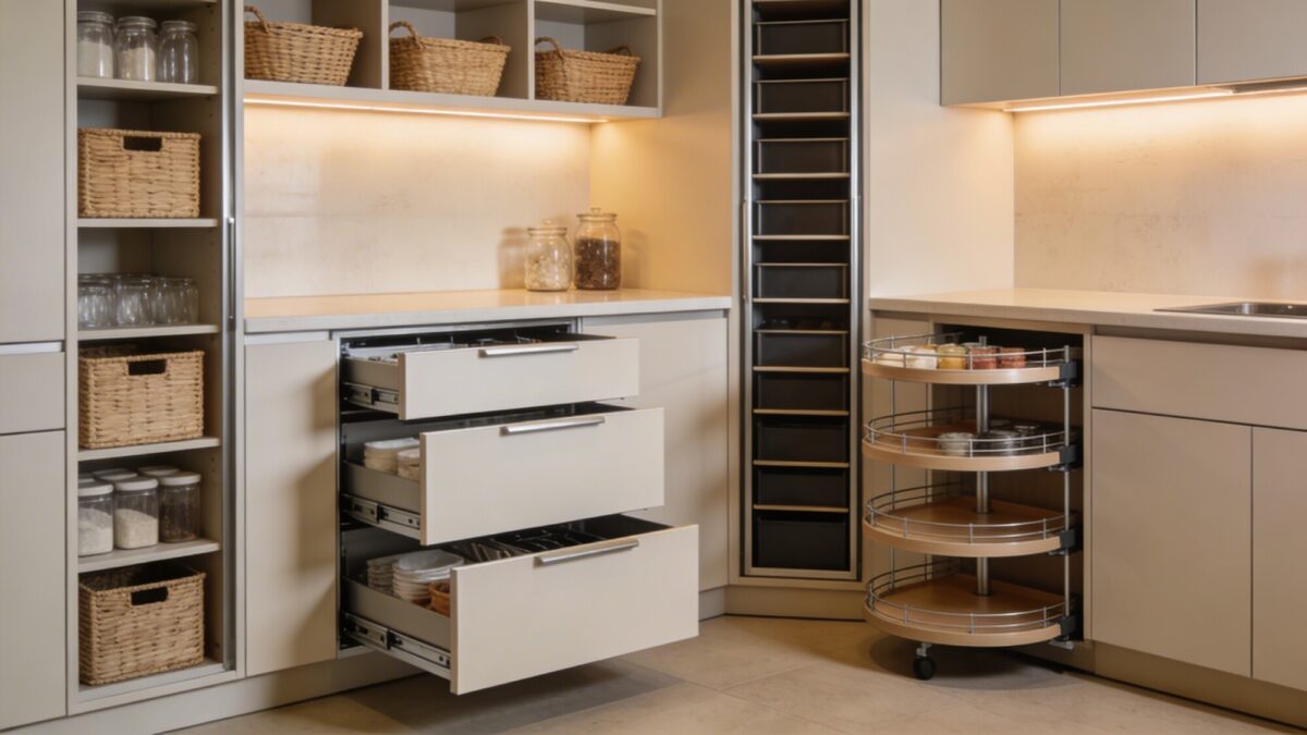 Storage zone arrangement: pantry pull-outs, tall slim pantry shelves, and upper open shelves above countertops with baskets and jars, plus corner cabinet organizers to maximize every inch.