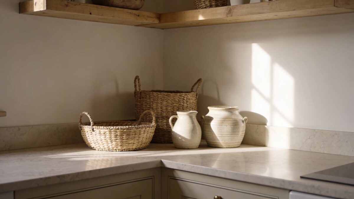 Warm, farmhouse color and light concept: a kitchen corner showing soft white walls, light wood beams, and natural light bouncing off a quartz countertop, with subtle textures like wicker baskets and ceramic pottery.
