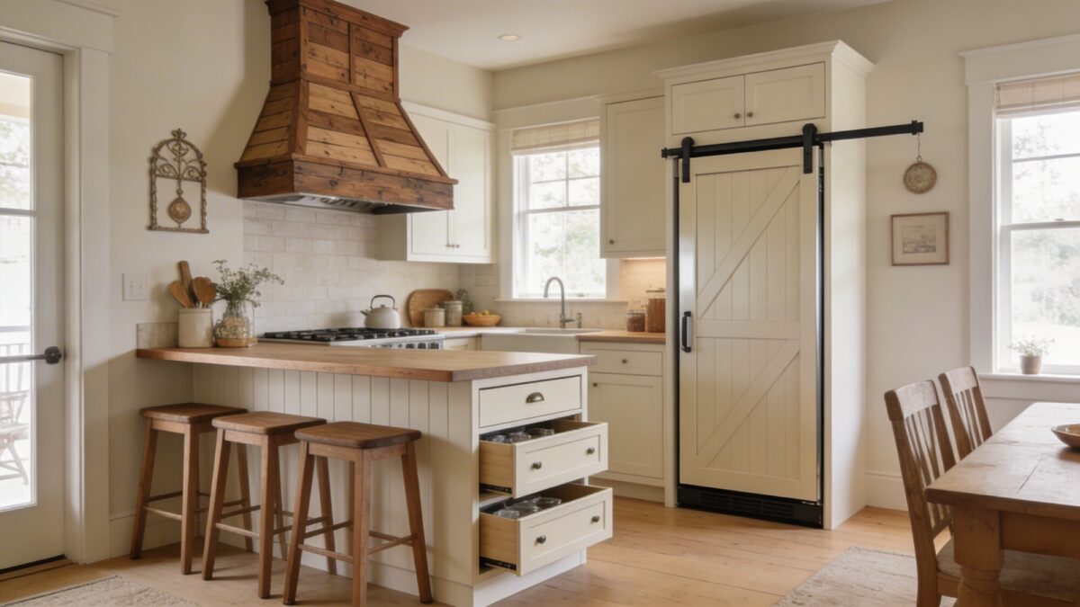 Tiny farmhouse kitchen with multi-function elements: a slim island that doubles as seating, integrated storage, a hidden appliance garage, and a decorative but functional vent hood, all arranged to emphasize uncluttered spaciousness.