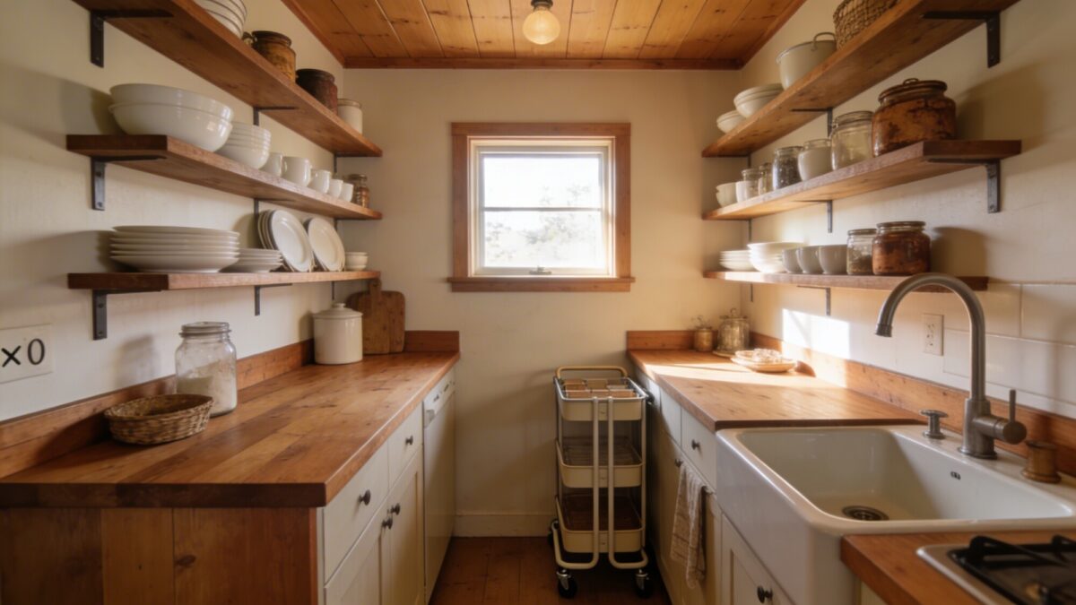 A cozy farmhouse kitchen in a small 8x10 footprint, warm natural light streaming through a small window, open shelves on the walls with a mix of white dishes and rustic jars, a slim rolling cart tucked beside a compact sink area, no island, warm wood tones, and a clean uncluttered counter.