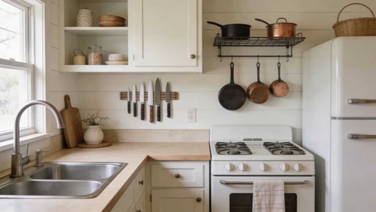 Close-up of a work triangle layout in a tiny farmhouse kitchen: sink, stove, and refrigerator positioned for optimal flow, magnetic knife strip above the counter, small hanging pot rack, and open shelves showing a few well-curated items, soft beige and white color palette.
