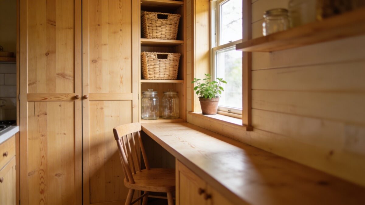 A bright corner of a small farmhouse kitchen featuring vertical storage: tall slim cabinets, open shelves reaching toward the ceiling with baskets and glass jars, a small potted herb on the windowsill, and a lightweight wooden chair pushed under a narrow counter.