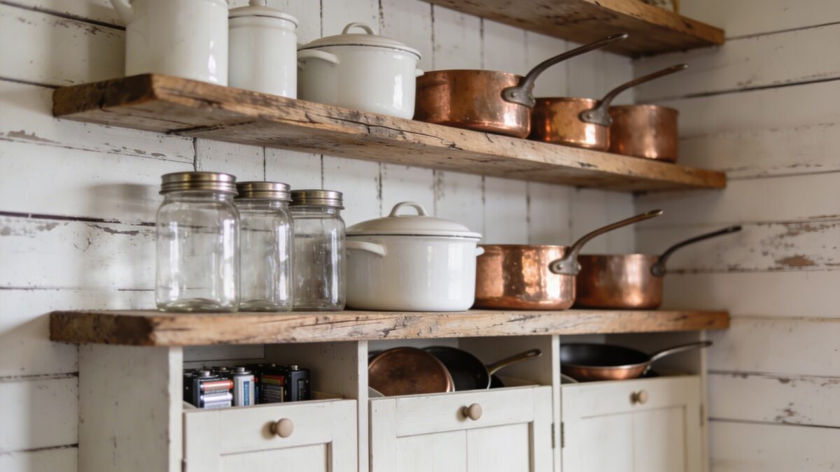 A functional yet charming open-shelving scene: distressed wood shelves with white enamelware, copper pans, a few glass canisters, and hidden storage doors below for batteries and pans, against a weathered white shiplap wall.