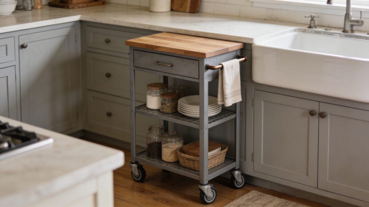 A slim rolling cart as a versatile workstation in a tiny farmhouse kitchen: gray metal frame with butcher-block top, wheels for mobility, drawers and a small towel bar, placed next to the sink with a clear counter line and minimal clutter.