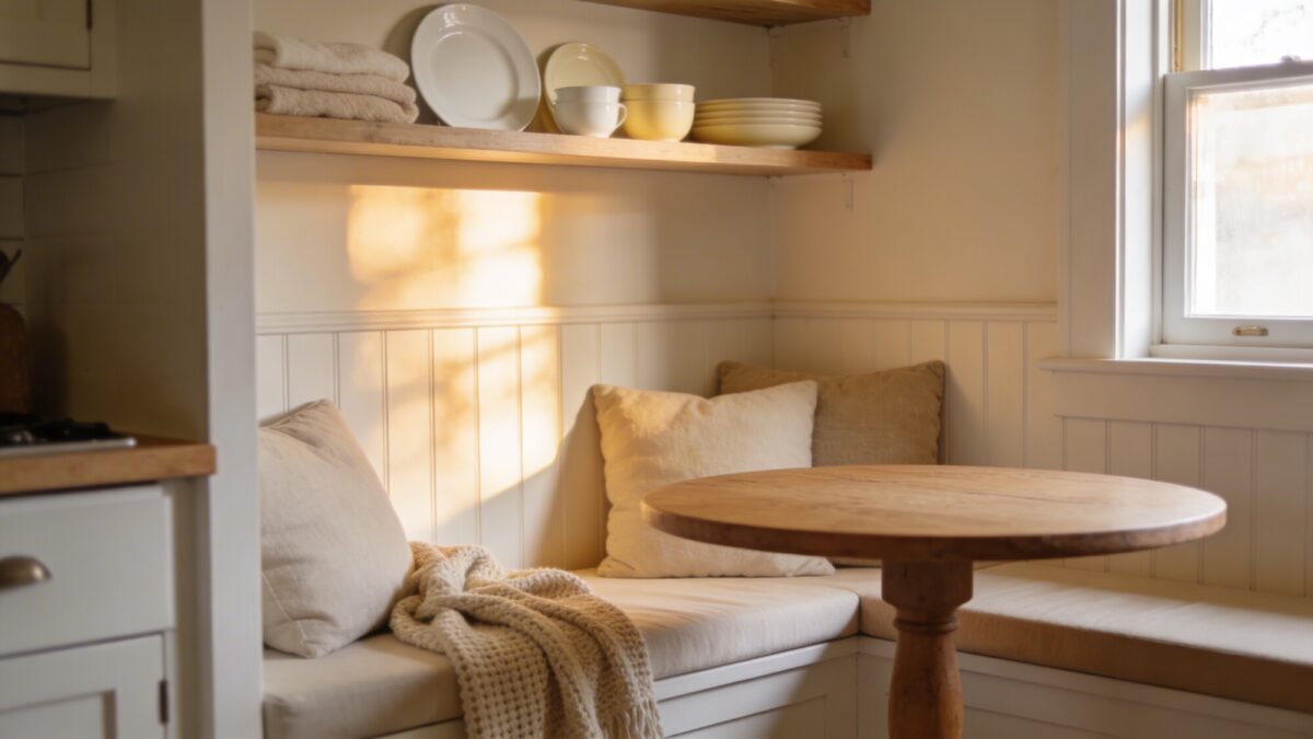A cozy breakfast nook within a small farmhouse kitchen: a compact built-in bench, a small round table, warm lighting, and shelves above displaying simple dishware, with soft textiles and neutral tones.