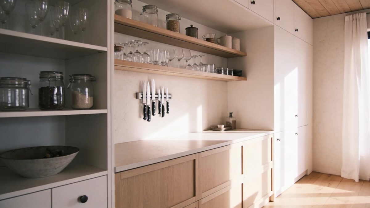 A sunlit kitchen corner emphasizing space perception: open shelving with glassware and jars, a light, airy color palette (creamy whites and pale woods), a magnetic knife strip, and a shallow countertop that remains free of excess clutter.