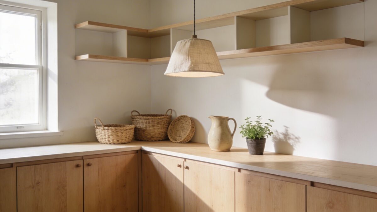 A minimalist corner farm-style kitchen scene: a mix of closed cabinets and open shelves, a single pendant light over a narrow counter, a few decorative yet functional items (baskets, a pitcher, a small plant), and a tidy, spacious feel in a compact layout.