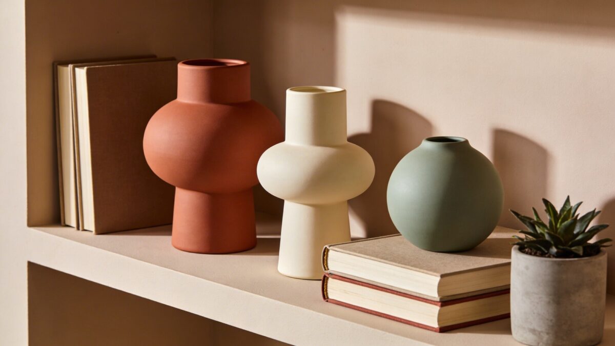 A stylish living room shelf styled in a warm, cohesive color palette (terracotta, cream, and sage) featuring a trio arrangement of decorative objects, a couple of books with exposed spines, and a small potted plant, shot in natural daylight with soft shadows.