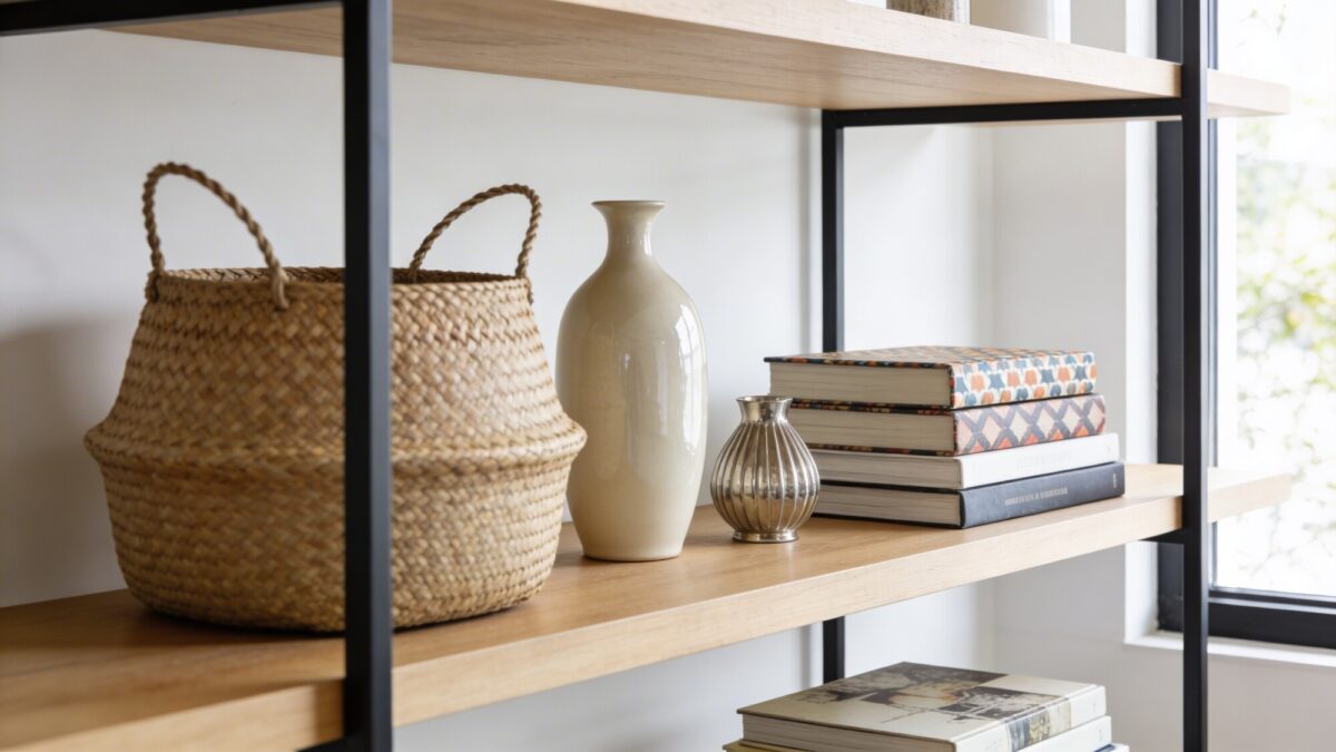 A modern bookshelf with a balanced mix of textures: a woven basket, ceramic vase, metallic accessory, and a stack of artful coffee-table books, arranged in odd-number groupings and clean negative space, bright daylight from a nearby window.