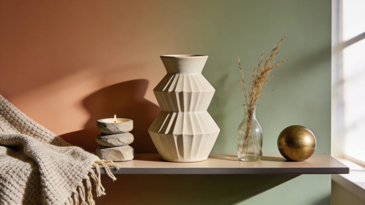 A visually striking shelf arrangement featuring a bold focal piece (a sculptural object or statement vase) flanked by smaller items in varying heights, with a subtle color shift across the shelf and a textured knit throw draped nearby.