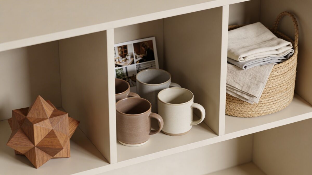 An overhead shot of a bookshelf plan: three clusters of items in odd numbers, each cluster with different textures (wood, ceramic, fabric), plus a photo collage tucked into the back, emphasizing breathing room and cohesive color story.