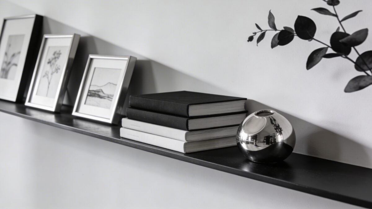 A shelf styled for a “gallery feel” with framed mini art, a stack of monochrome books, a shiny metallic accessory, and a botanical element, all arranged to form a diagonal rhythm across the shelf.