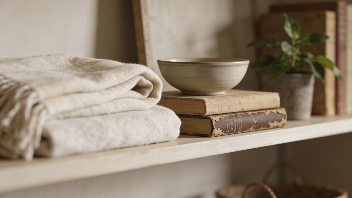A cozy, lived-in shelf display in a neutral palette (beige, cream, taupe) with a soft throw folded, a ceramic bowl, a few vintage-looking books, and a small plant, captured with warm lighting and shallow depth of field.