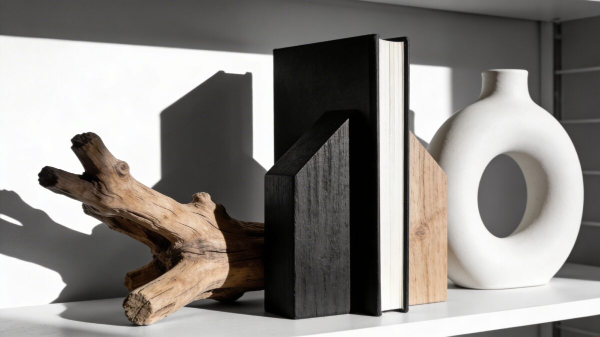 A high-contrast shelf styling scene: black and white decor, a bold black bookend, white ceramic vase, and natural wood accents, arranged in asymmetrical but balanced groups, photographed from eye level with crisp detail.