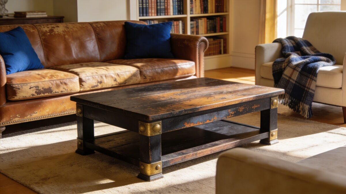 A sunlit living room with a weathered brown leather sofa, a dark wood coffee table with visible patina, and brass accents; warm neutrals, soft creams, and deep blue throw pillows; a library-like bookshelf in the background and a plaid wool throw draped casually over an armchair.