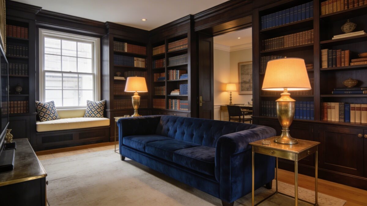 An open-concept living space combining masculine library vibes with preppy polish: tall built-in dark wood shelves, a navy blue velvet sofa, brass table lamps, and a window seat with cream upholstery and throw pillows.