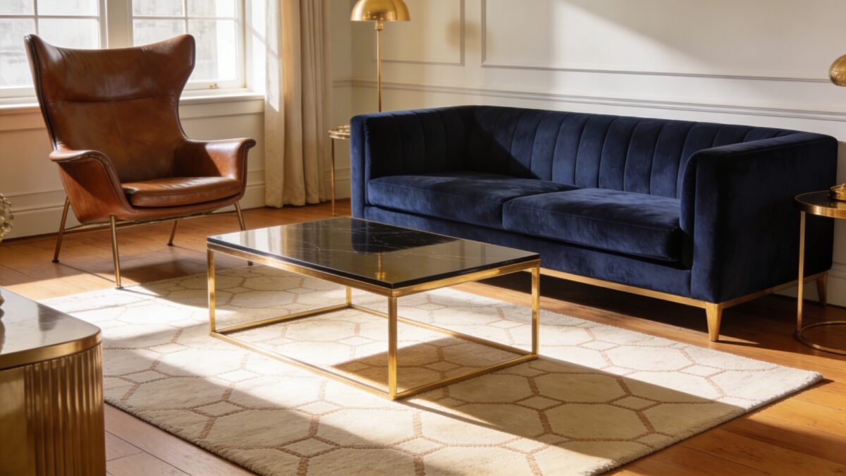 A sophisticated studio apartment living room: a velvet navy sofa, a leather wing chair, a lacquered coffee table, warm wood flooring, and a sunlit area rug with a subtle geometric pattern; touches of warm neutrals and gold accents.