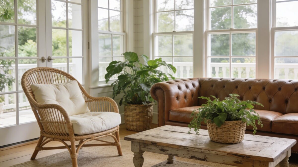 A Hampton-inspired corner with a sunroom feel: rattan chair with plush cream cushion, a classic leather Chesterfield-style sofa, a weathered wood coffee table, oversized windows, and lush green plants in woven baskets.